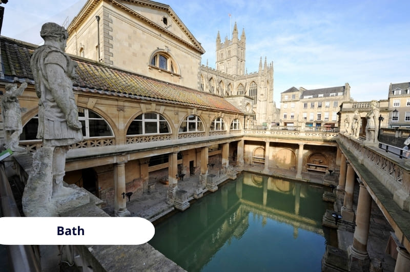 Baños Romanos de Bath con piscina termal verde y Abadía de Bath al fondo