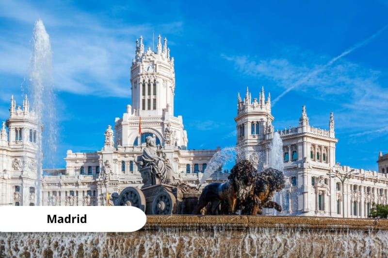 Plaza de Cibeles en Madrid con la Fuente de Cibeles y su arquitectura histórica.